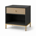 Mesita de noche de madera MDF negra con cajón de ratán y base de metal dorado