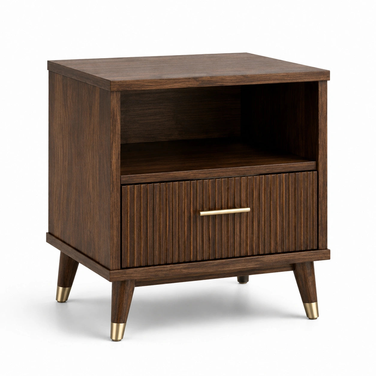 Mesita de noche de madera de nogal con cajón y estante abierto marrón oscuro