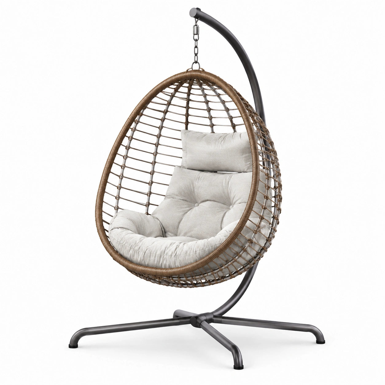 Sillón colgante de ratán con cojín gris y estructura de acero