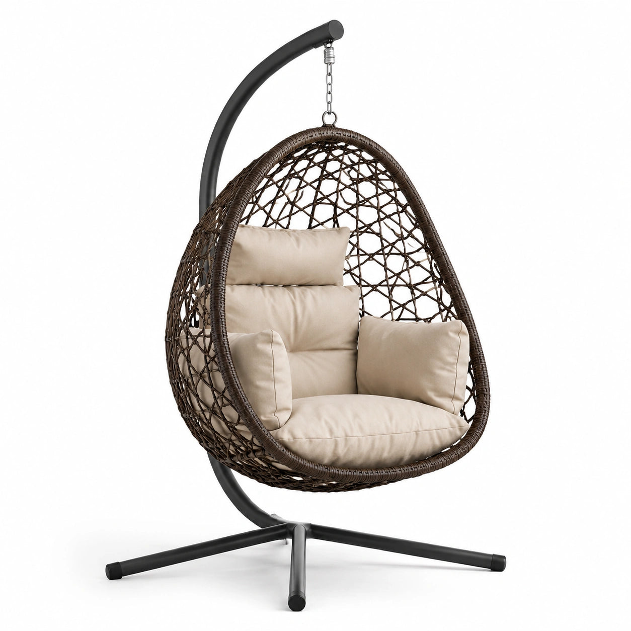 Sillón colgante de ratán marrón con cojines de poliéster beige