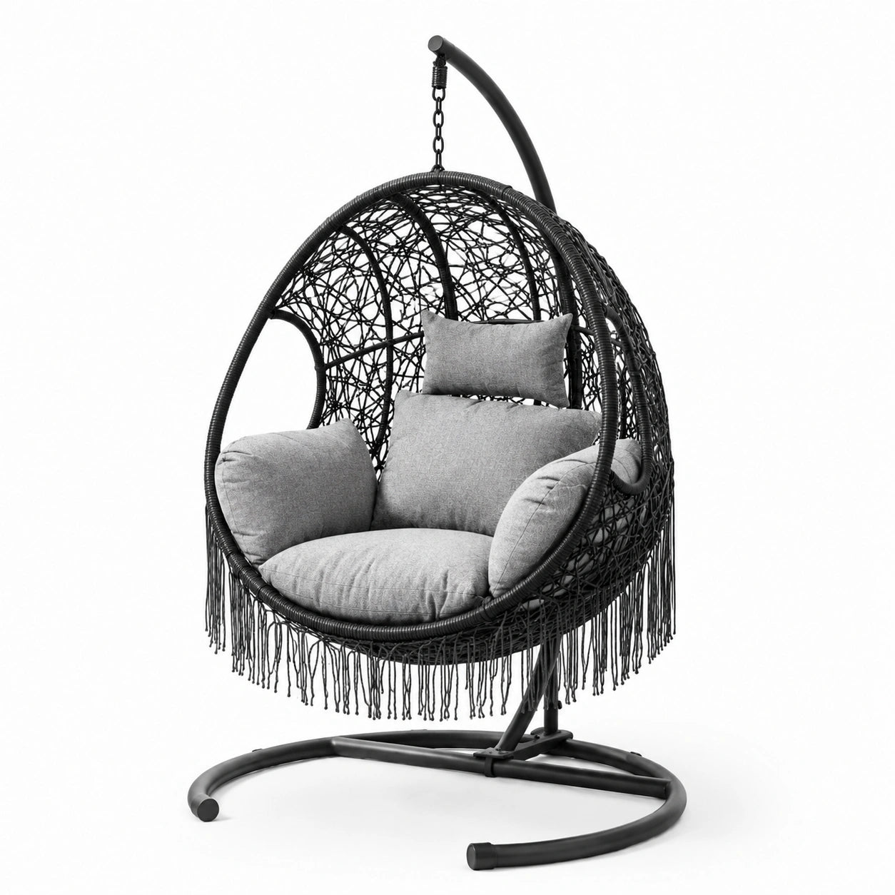 Sillón colgante de ratán sintético negro con cojines de poliéster gris