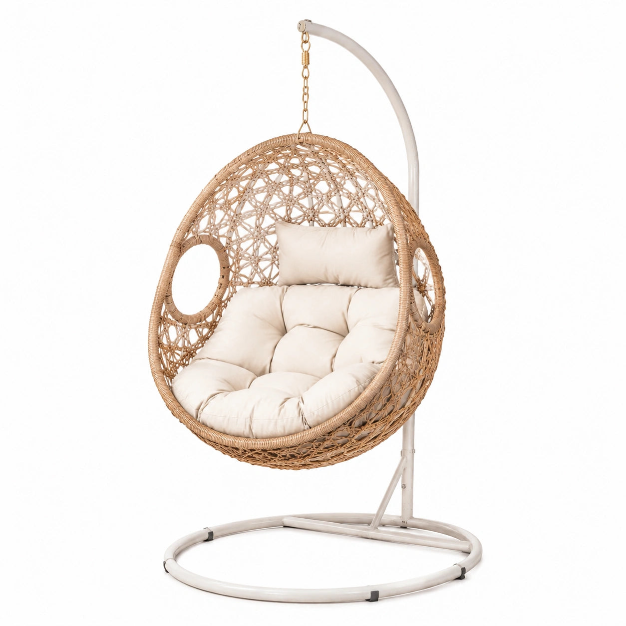 Sillón colgante de ratán sintético beige con soporte de acero