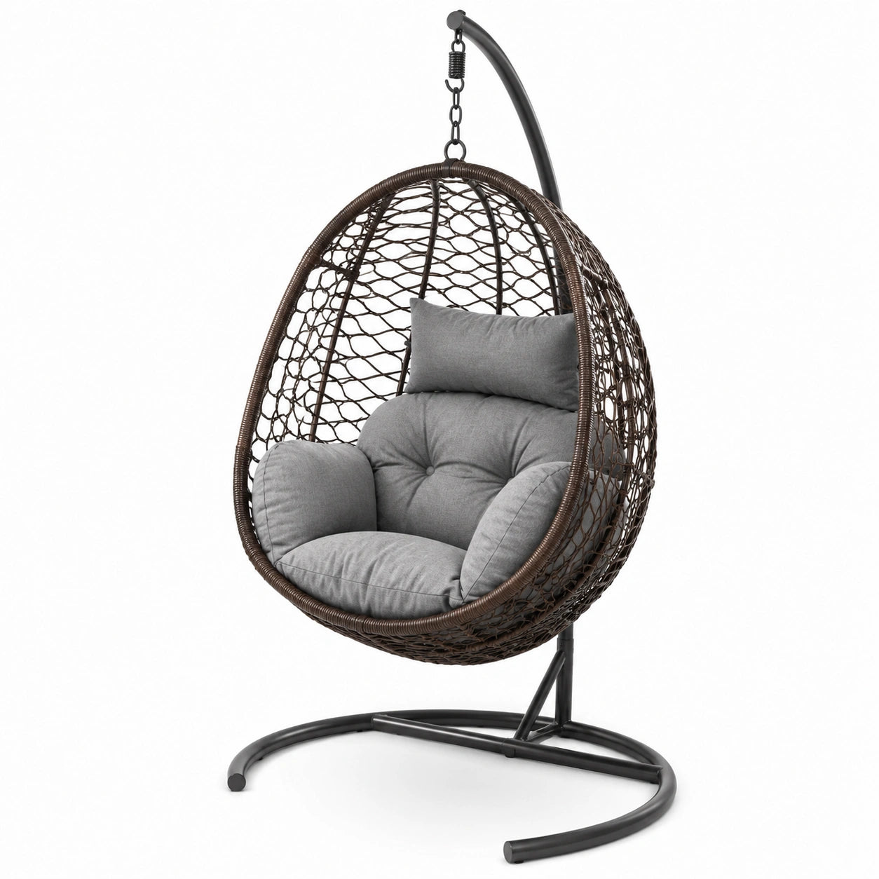 Sillón colgante de ratán sintético con estructura de acero y cojines grises