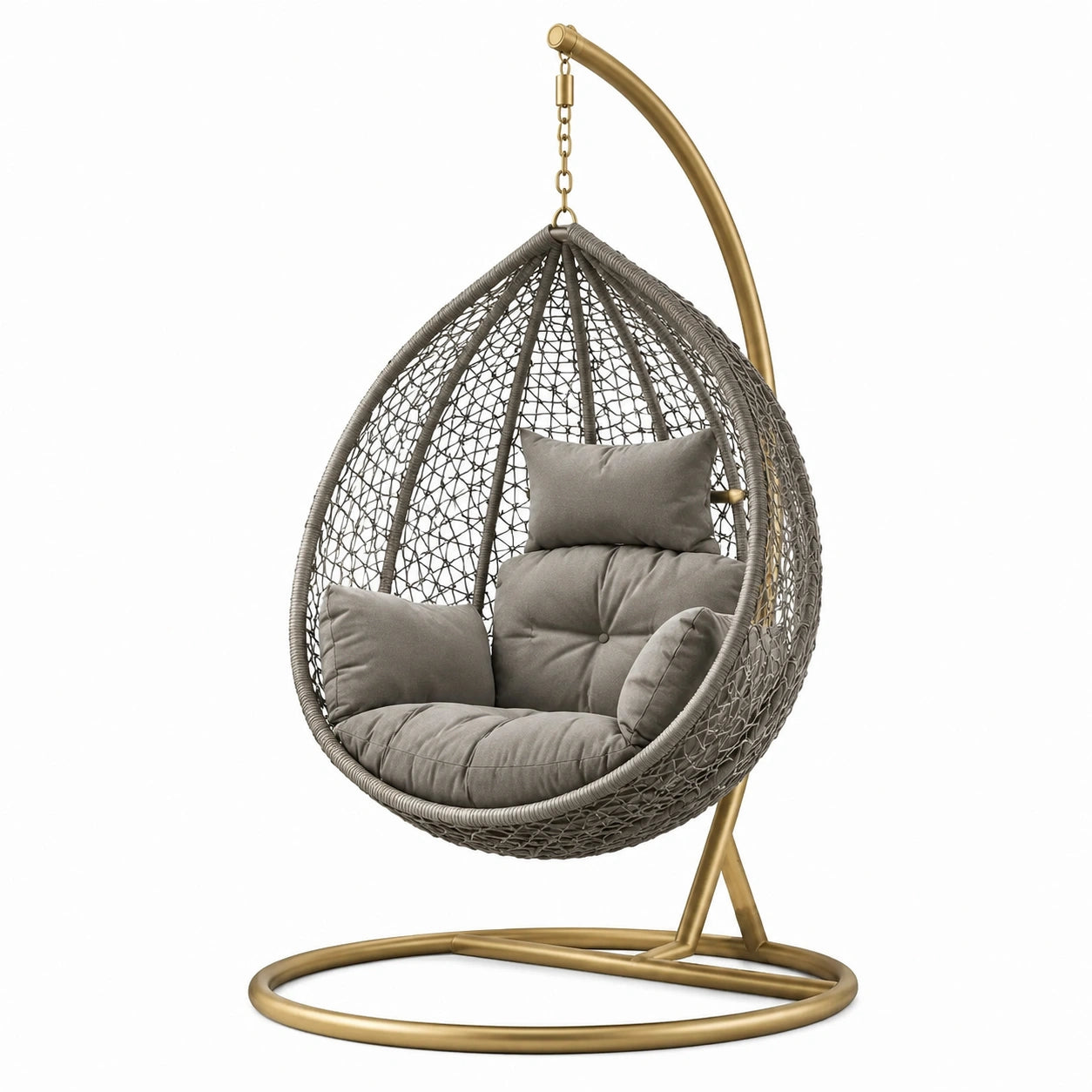 Silla Colgante de Rattan Sintético con Cojines de Tela Gris y Estructura Dorada