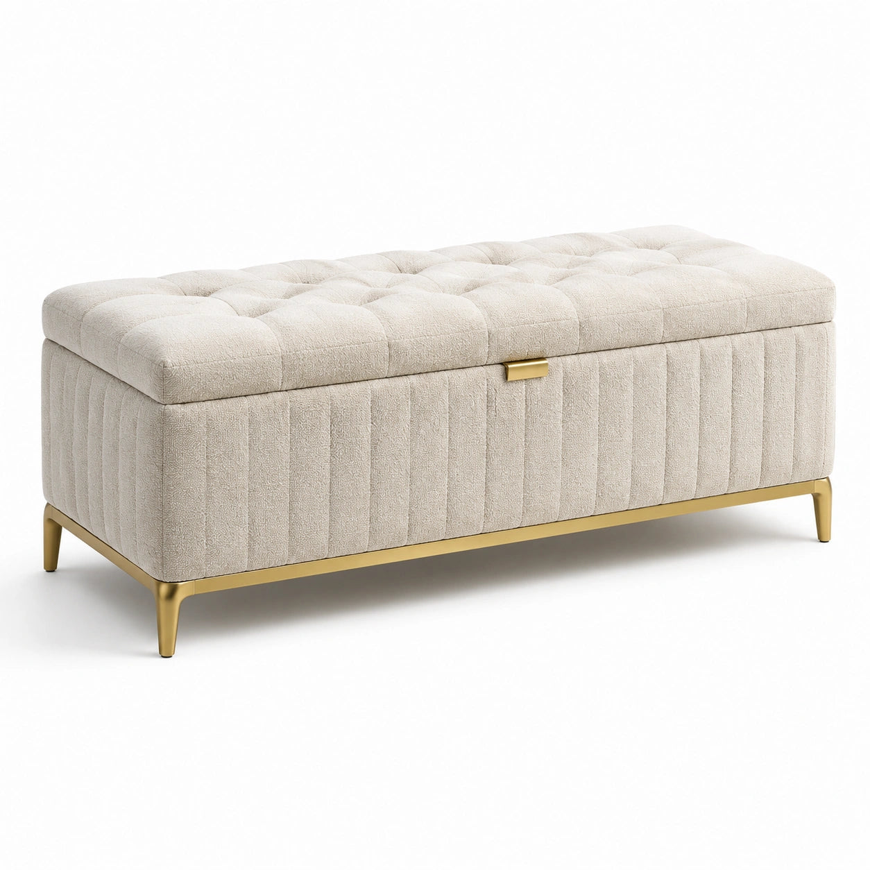 Banco de almacenamiento de tela de poliéster beige con patas de metal dorado