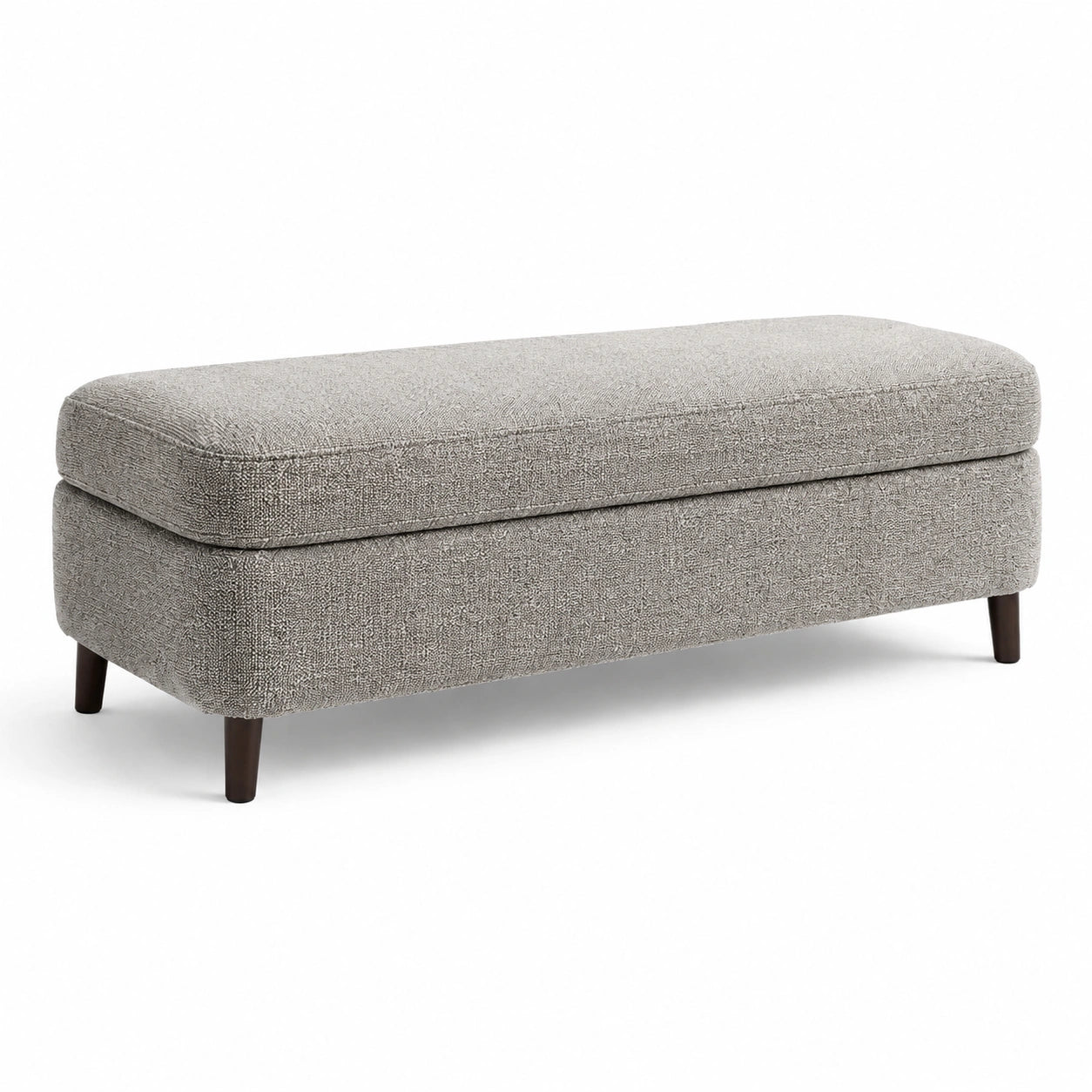 Banco de tela gris con patas de madera