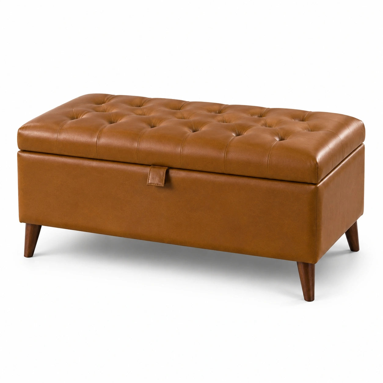 Banco de almacenamiento de piel sintética marrón con patas de madera maciza