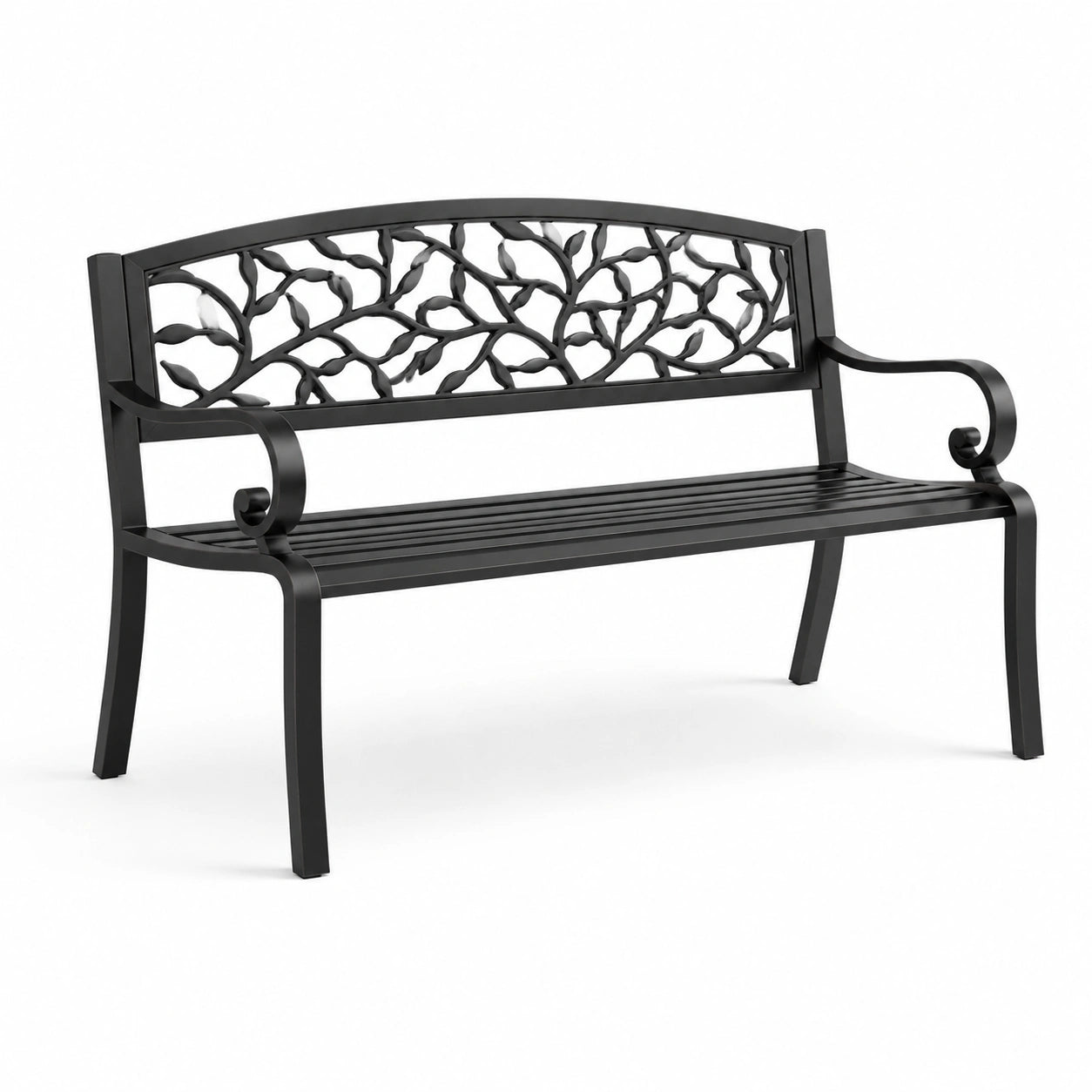 Banco de metal negro con respaldo decorativo, 128 cm