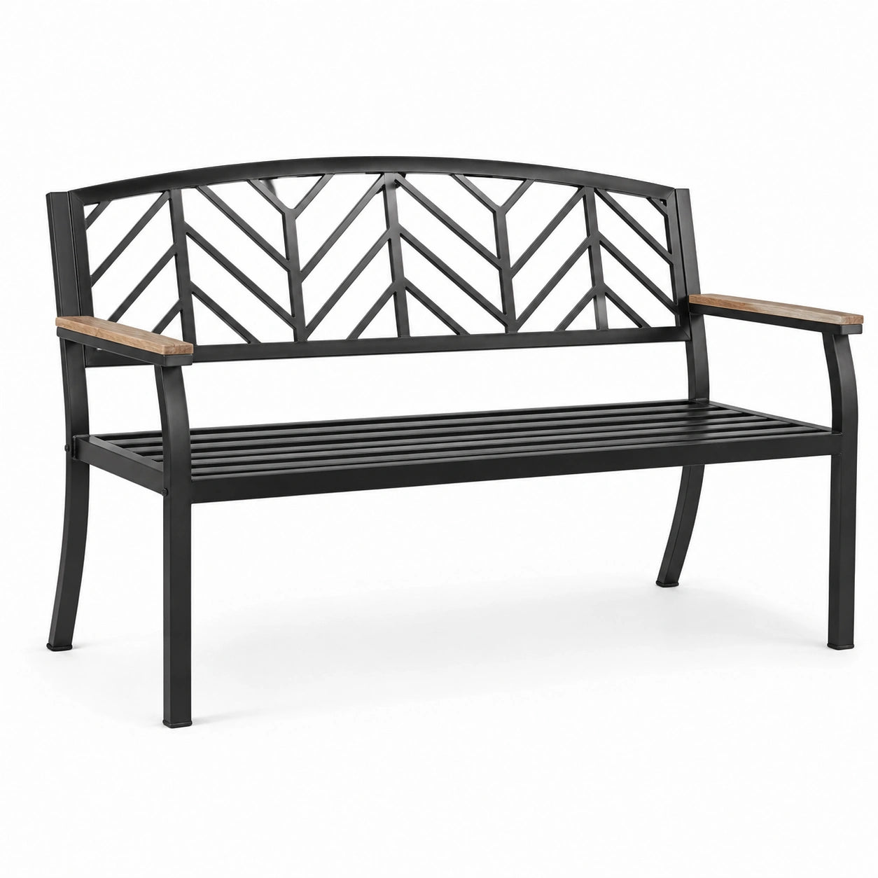 Banco de metal negro con reposabrazos de madera de acacia