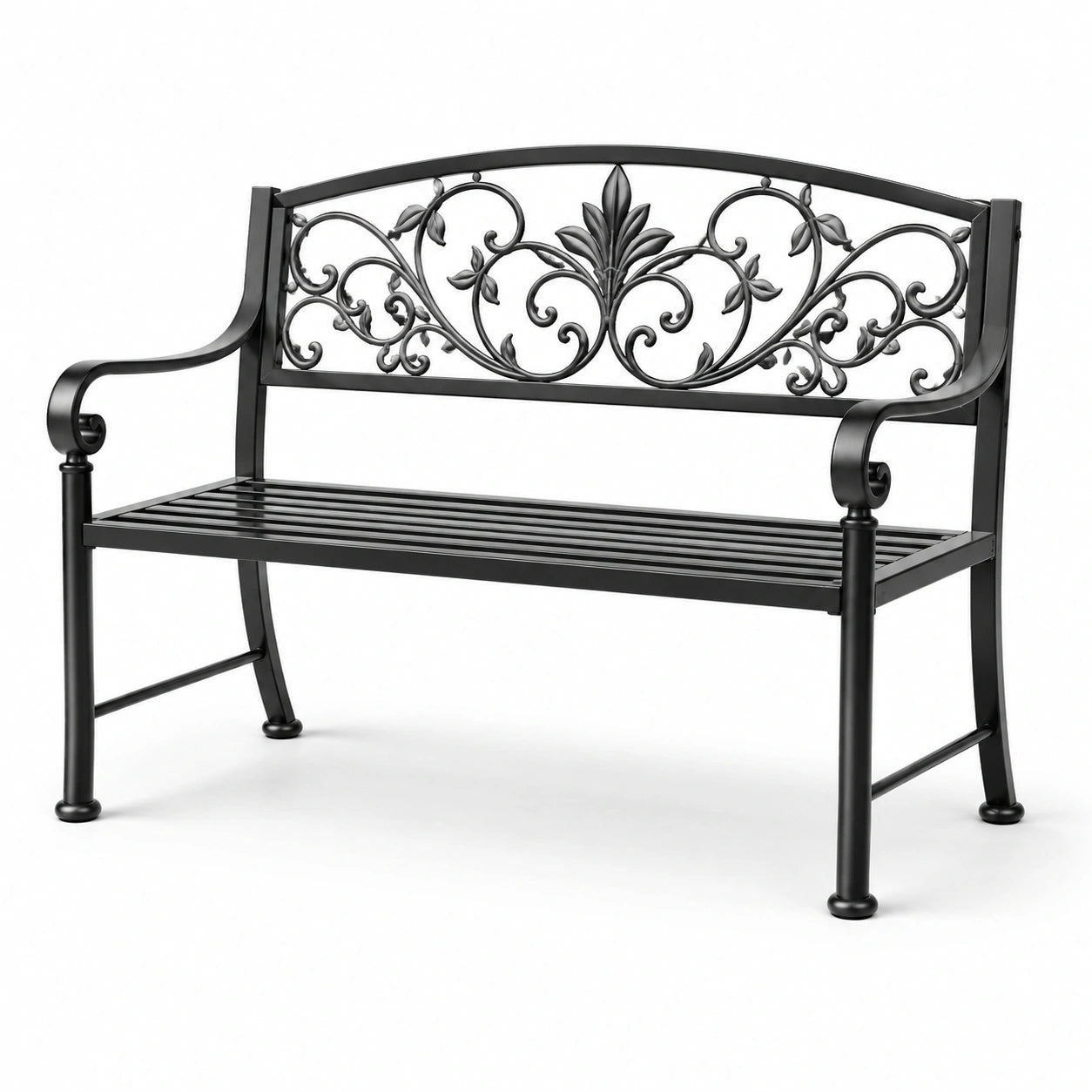 Banco de jardín de hierro negro con diseño ornamental