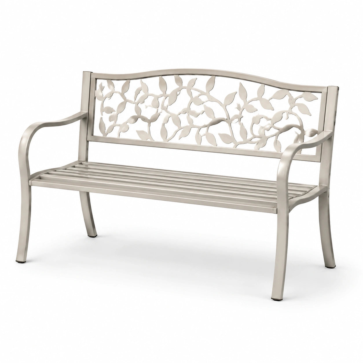Banco de aluminio para exteriores con respaldo decorativo de hojas 127 cm plateado