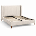 Cama doble beige con cabecera alta de poliéster y patas de madera 200x160 cm