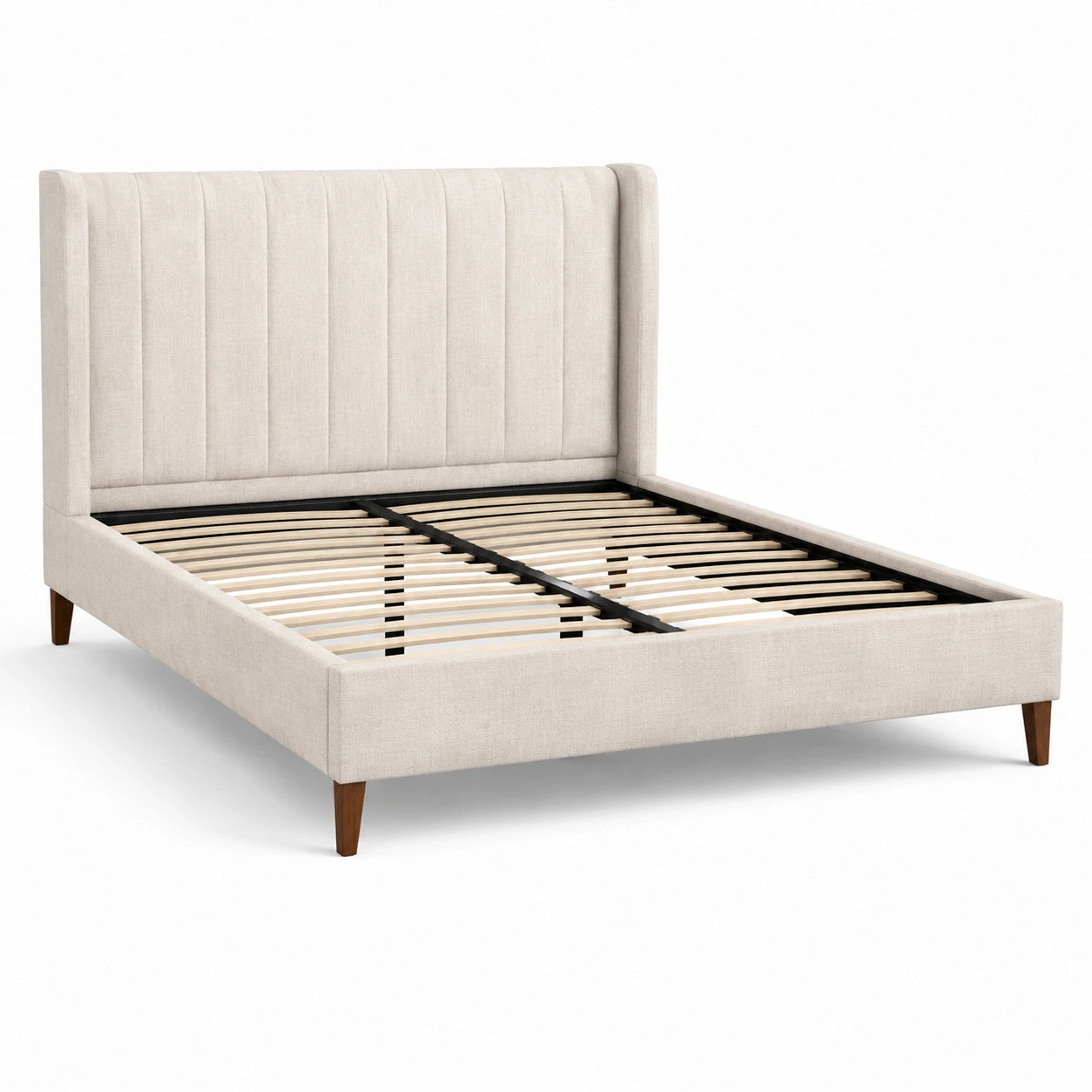 Cama doble beige con cabecera alta de poliéster y patas de madera 200x160 cm