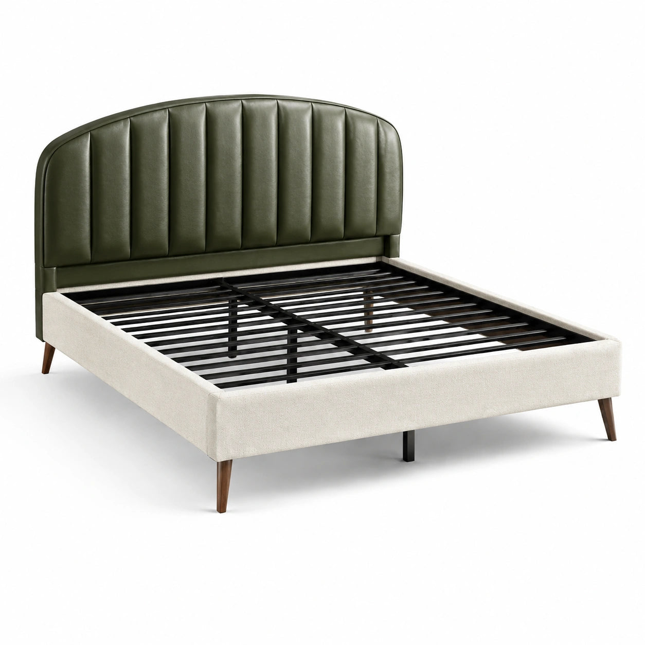 Cama doble con cabecero de cuero verde y marco de tela beige 200x160 cm