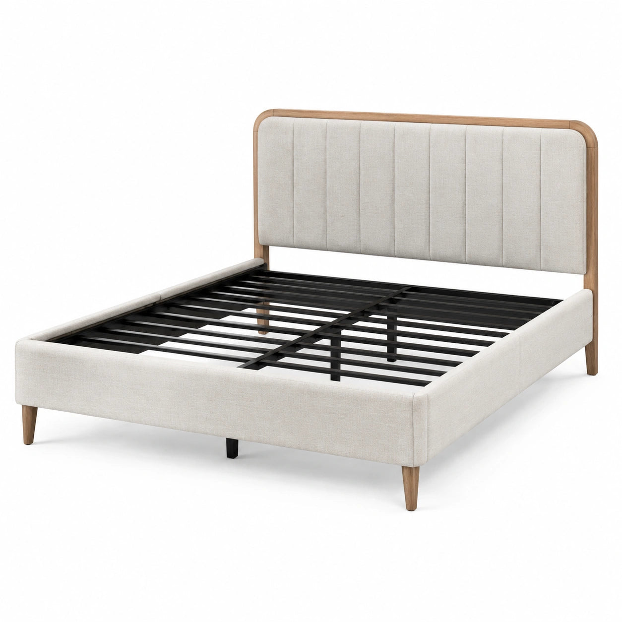 Cama doble de madera y tela beige, 200x160 cm