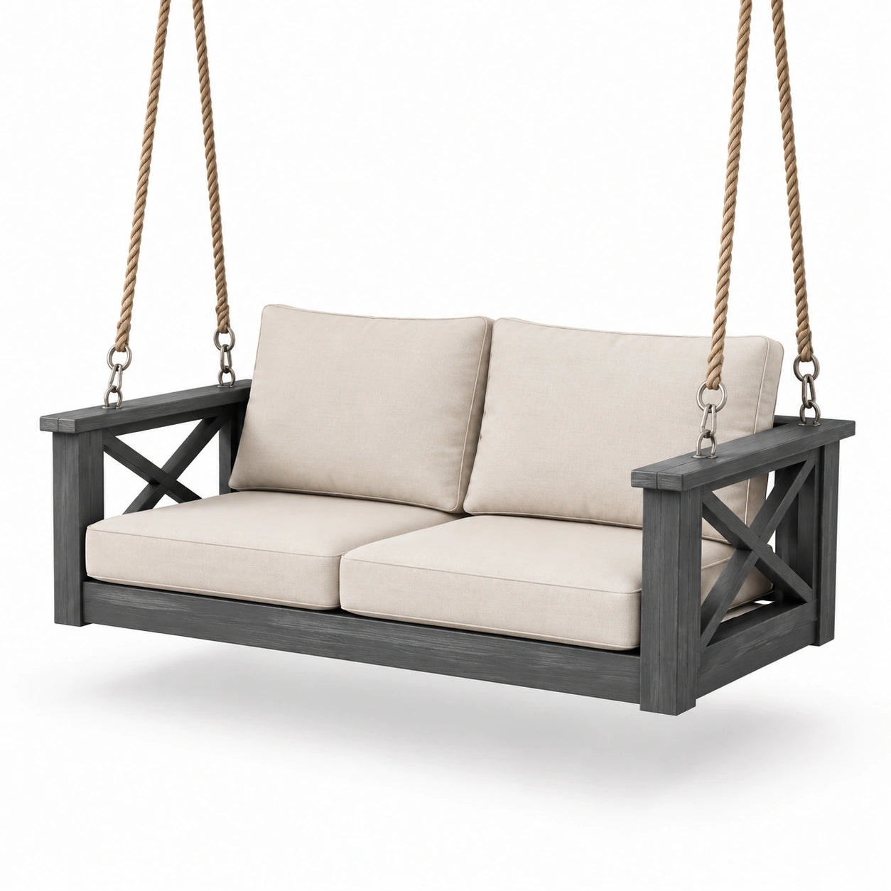 Columpio de porche de madera gris con cojines de poliéster beige