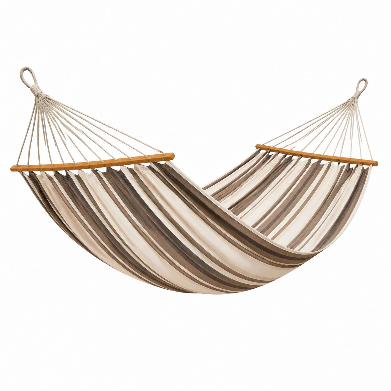 Hamaca de Algodón Rayas Marrón y Beige con Barra de Madera