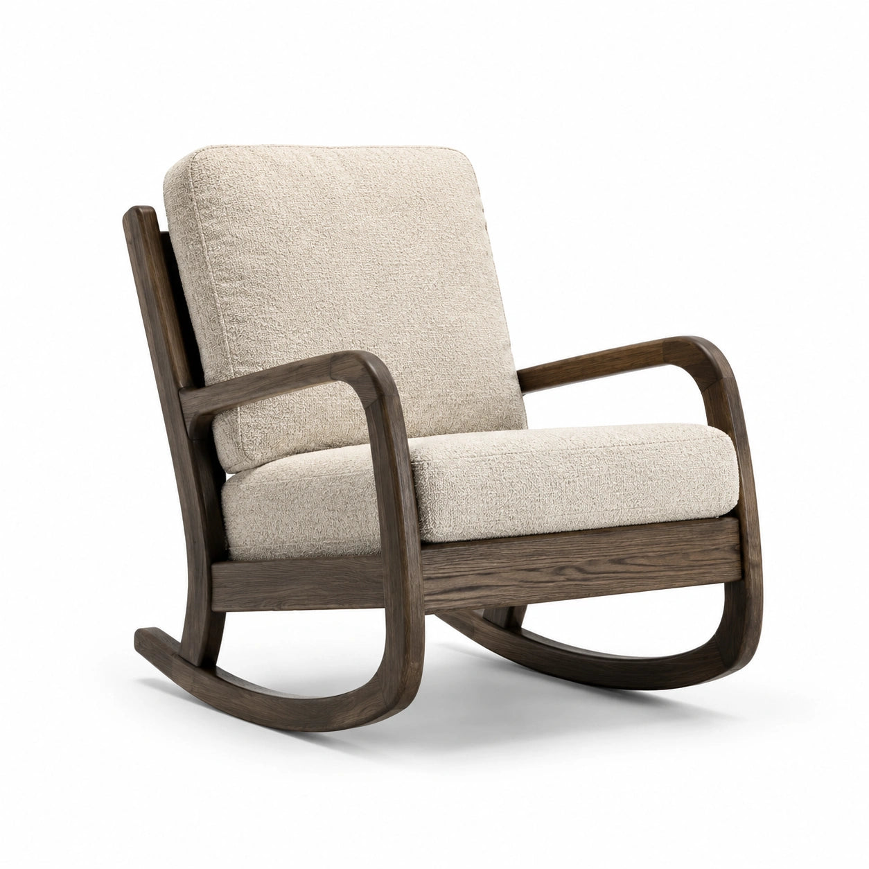 Mecedora de madera con tapizado de tejido bouclé beige