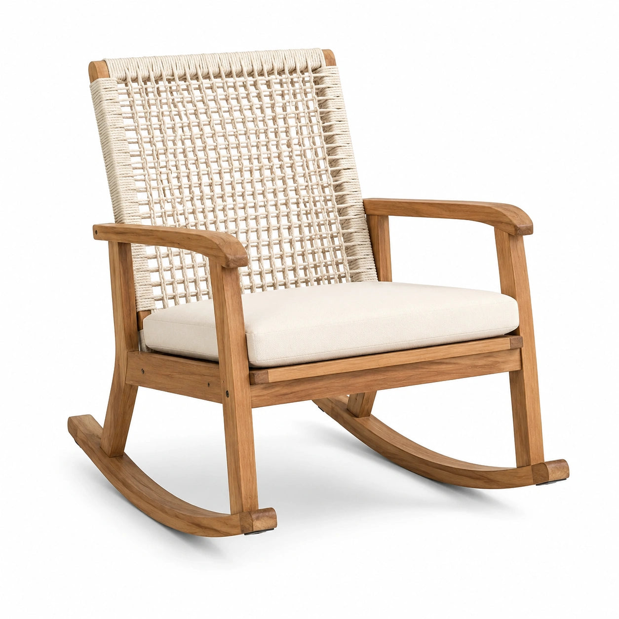 Mecedora de madera de teca y cuerda tejida con cojín de poliéster beige