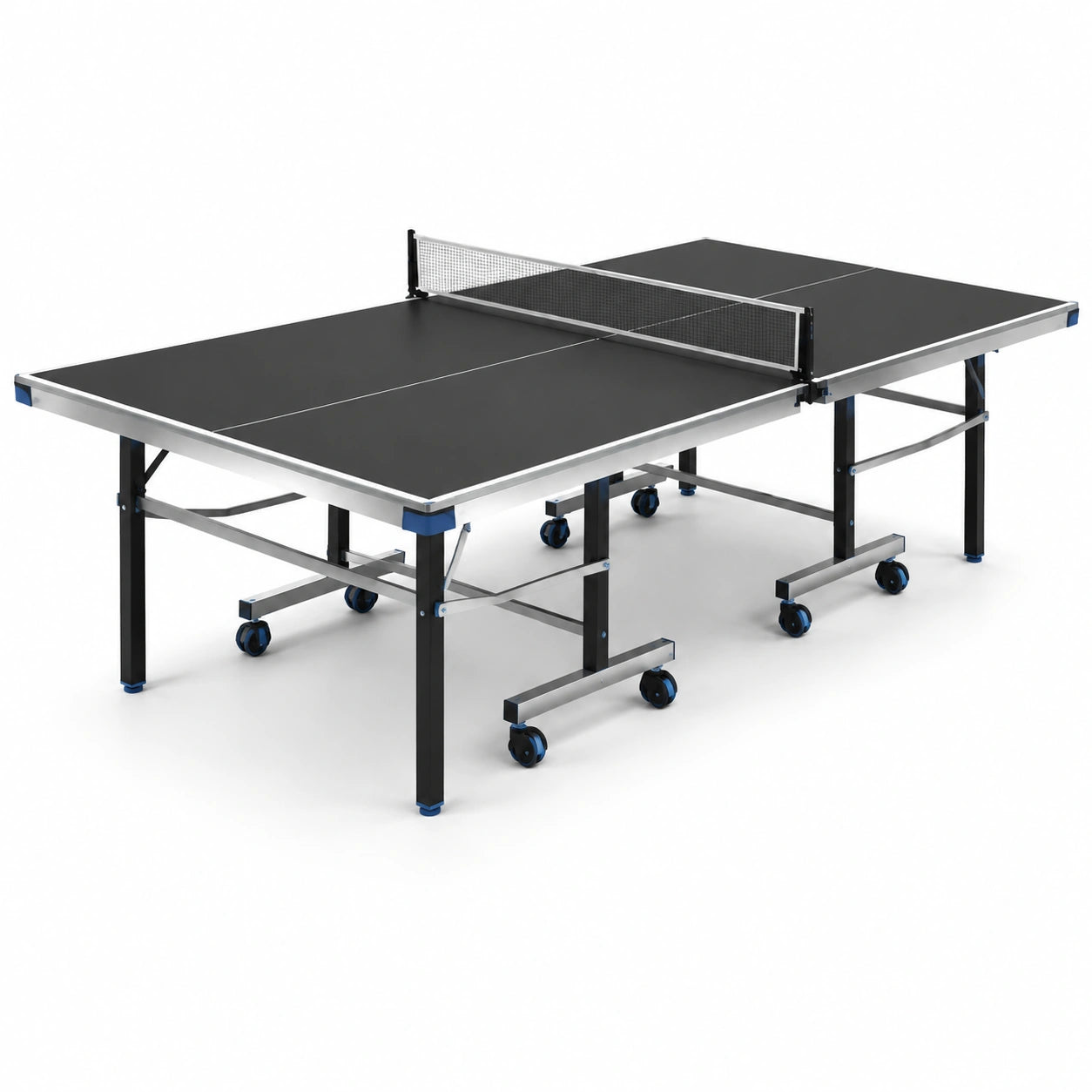 Mesa de tenis de mesa plegable de interior con superficie MDF y estructura de acero negra