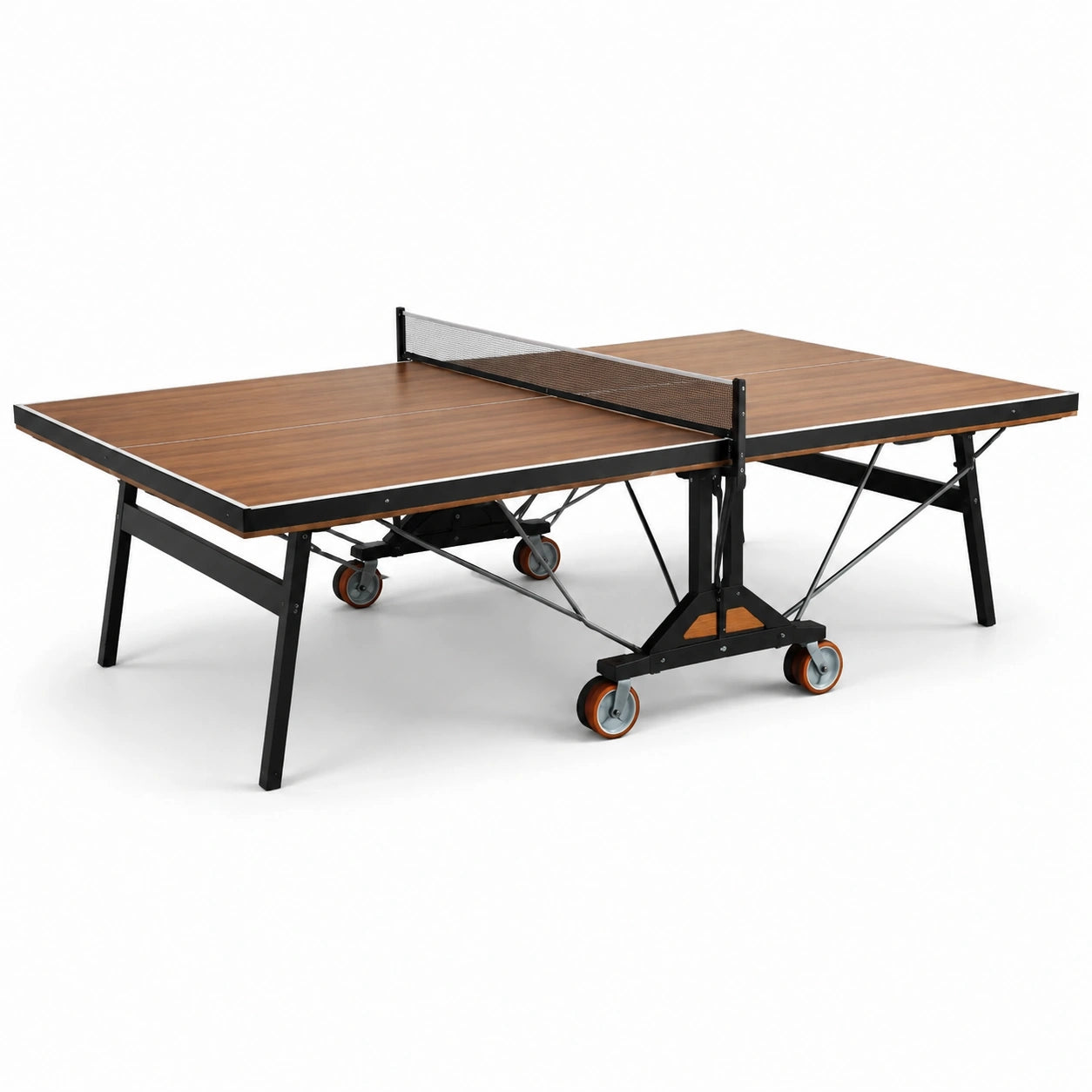 Mesa de ping-pong plegable de MDF marrón con ruedas
